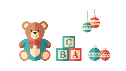 Naklejka premium Playful Christmas Illustration Featuring a Teddy Bear, Alphabet Blocks, and Festive Ornaments, Ideal for Holiday-Themed Designs and Children's Educational Content