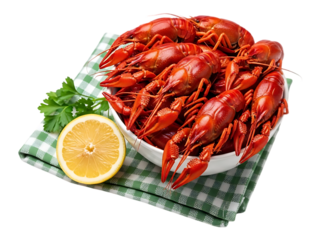 Delicious cooked crawfish with lemon and parsley