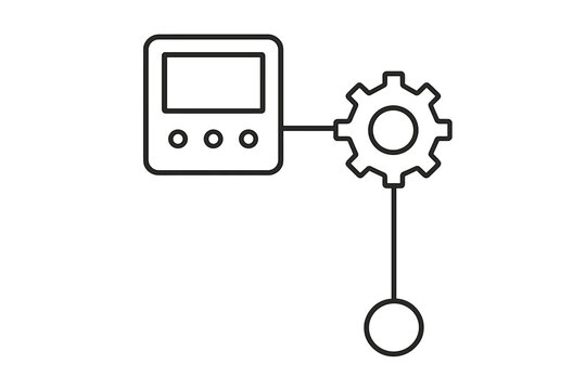 Control panel device connected to a settings gear and output circle representing system configuration flow