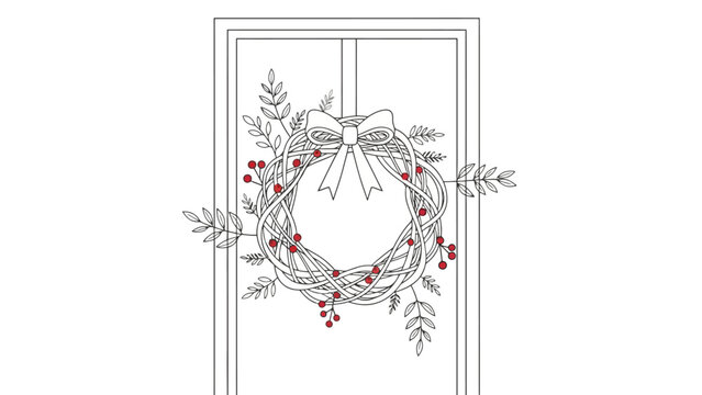 Elegant Christmas wreath hanging on a door outlined illustration for festive season greetings, coloring books and seasonal design projects aligned with Adobe Stock