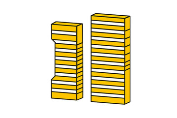 Pair of stylized striped yellow and white geometric block structures in isometric view