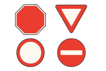 Set of four international regulatory traffic signs including stop, yield, and prohibition symbols