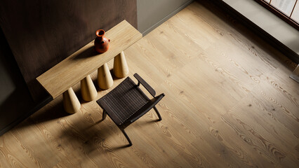 Elegant top view negative space interior with expansive open flooring, soft warm shadows and minimal sculptural elements. 3D illustration