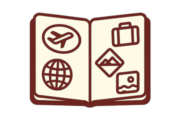 Open travel document with icons for global journey, flight, baggage, and vacation memories