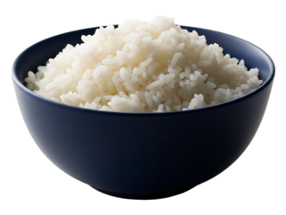 A dark blue bowl filled with fluffy white steamed rice