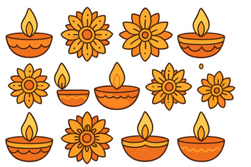 Traditional Indian Diwali festival oil lamps and decorative marigold flowers