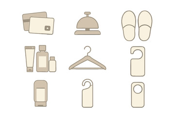 Essential hotel amenities and services including bell, key cards, slippers, and toiletries