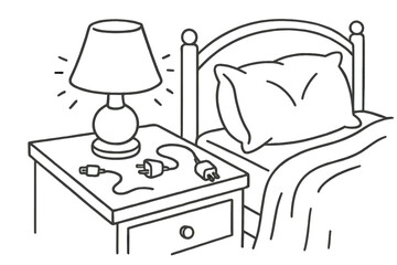 Fototapeta premium Nightstand with glowing lamp and loose electrical plugs suggesting a safety hazard