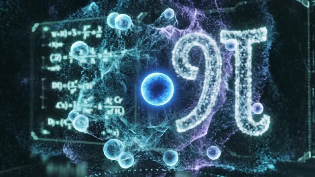 Abstract scientific visualization with glowing pi symbol and atomic structures