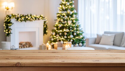 Shiny wooden table top with warm living room decoration with christmas tree string light blur background for product stand