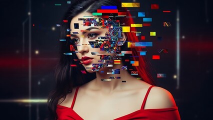 Futuristic Woman with Digital Glitch Effect Portrait for Creative Tech Concepts and Modern Digital Art Projects Showcasing Innovation and the Convergence of Beauty and Technology in the Digital Age