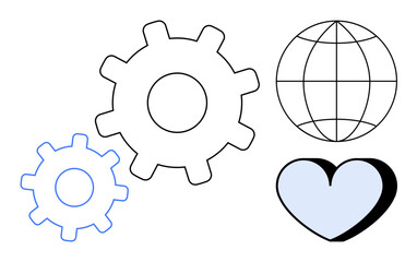 Interconnected gears, a globe, and a heart suggest teamwork, innovation, global connectivity, and empathy. Ideal for business, technology, support global goals teamwork sustainability positive