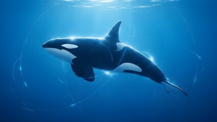 "Sukuun (Peace) Aur Taaqat (Power) Ki Misaal: Mystical Blue Roshni Mein Ghumta Hua Aik Azeem Orca Whale, Aik Abstract Aur Roohani (Spiritual) Manzar Jo Samandar Ki Vastaai Ko Zahir Karta Hai."