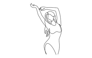 Continuous line art or One Line Drawing of a woman stretching arms is relaxing, Isolated on transparent background
