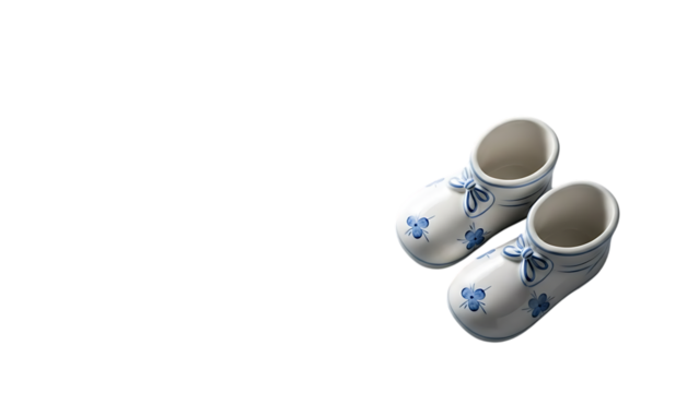 Delicate pair of Delftware shoes displaying traditional charm, perfect for cultural designs or souvenir concepts, a nostalgic touch with floral detail