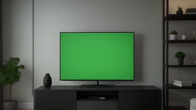 Modern Living Room with Green Screen TV and Decor.