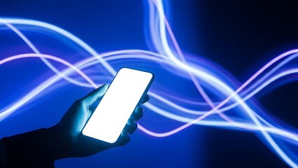 Hand Holding Smartphone with Glowing Screen Amidst Dynamic Blue Light Streaks Modern Communication and Connectivity Concepts for Digital Age