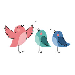 Three cute cartoon birds in pink teal and blue on black background