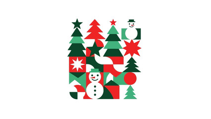 Festive Geometric Christmas Tree and Snowman Illustration