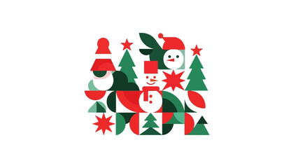 Holiday Season Celebration Festive Geometric Illustrations with Christmas Trees, Snowman & Decorations