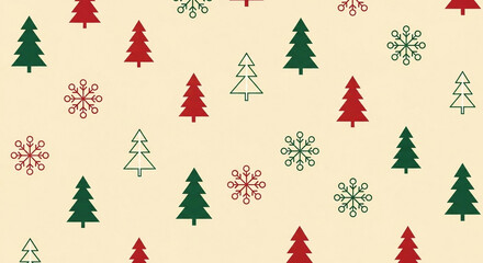 Seamless festive Christmas pattern with trees and snowflakes