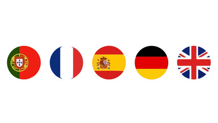 International flags Portugal, France, Spain, Germany, and United Kingdom icons for language or travel