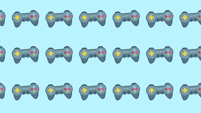 Seamless pattern backdrop of video game controller icons in a tile background animation. Repeating wallpaper with gamepad and digital entertainment symbols. A cute joystick cartoon graphic.