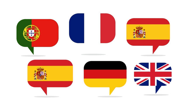 Language Learning Flags in Speech Bubbles Representing Different Nations and Languages