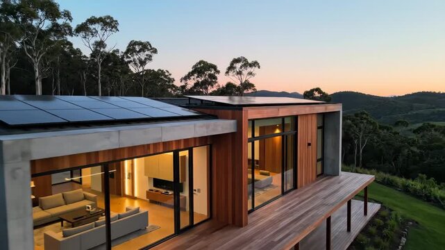 Modern home stands elegantly with solar panels at sunset. Modern home showcases its clean lines, large windows, and sustainable energy solutions, reflecting twilight hues.