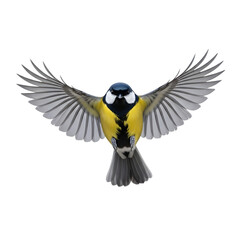 Great tit bird in flight isolated on black background with wings spread