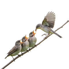 Mother bird feeding her young chicks on a branch against black background