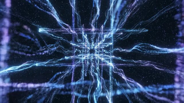 Seamless loop of glowing light particles tracing complex, ever-changing nonlinear paths against a dark, futuristic void seamlessloop, connection, internet