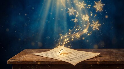 Old sheet music on wood table with golden notes and snowflakes rising. Magical holiday atmosphere with blue bokeh background. Perfect for Christmas cards and musical events.