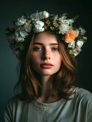 Portrait of Young Woman Wearing Traditional Floral Wreath with Sorrowful Expression