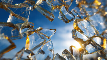 Macro Texture of Shattered Tempered Glass Fragments with Sunlight and Blue Sky Shining Through