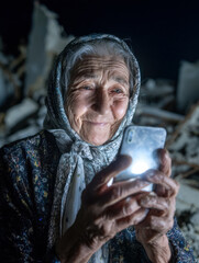 Elderly Civilian Woman Using Smartphone in Dark Bomb Shelter During Conflict