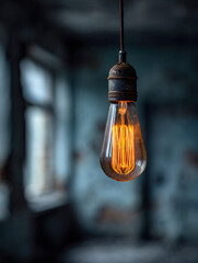 Glowing Vintage Edison Bulb Hanging in Abandoned Blue Room with Window