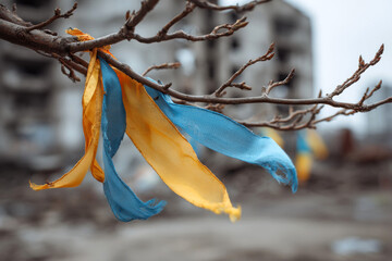 Yellow and Blue Ukrainian Ribbon Tied to Tree Branch in War Zone
