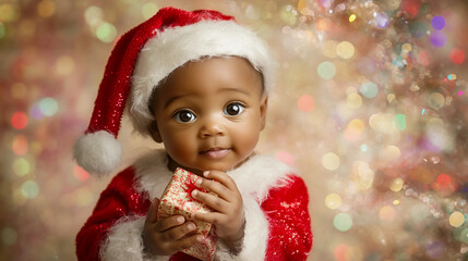 Adorable baby dressed as santa claus with a festive bokeh background, celebrating christmas holidays