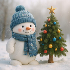 Snowman wearing blue hat and scarf standing by decorated Christmas tree  