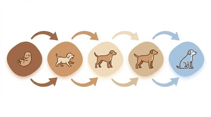 A visual representation of a dog's life stages, showing progression from puppy to adult, illustrated in a minimalist style.