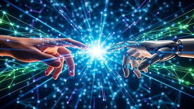 Human and Robot Hands Touching in a World of Digital Connection Artificial Intelligence and the Future of Technology
