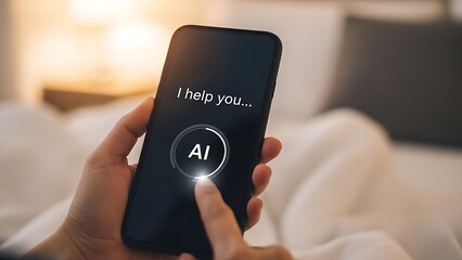 Human hand interacting with AI assistant on smartphone screen featuring an interactive button and helpful text prompt demonstrating modern technology and user interface design in a domestic setting