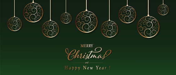 Vector Christmas greeting card design. Abstract swirl Christmas ball on green background.