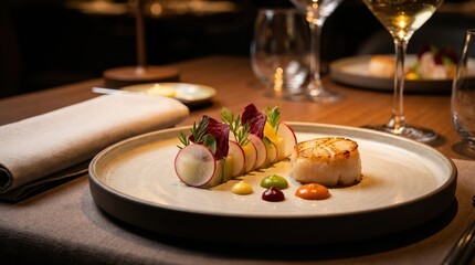 A beautifully plated gourmet dish featuring scallops, vegetables, and colorful sauces, set in an elegant dining environment with wine glasses.