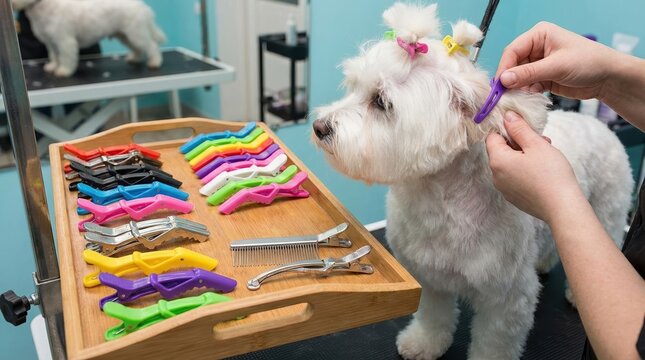 A dog is groomed with colorful clips and tools on a grooming table, showcasing a pet styling session in a vibrant environment.