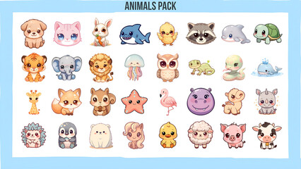 Obraz premium Cute Baby Animals Illustration Pack – Kawaii Cartoon Characters for Kids, Stickers & Clipart
