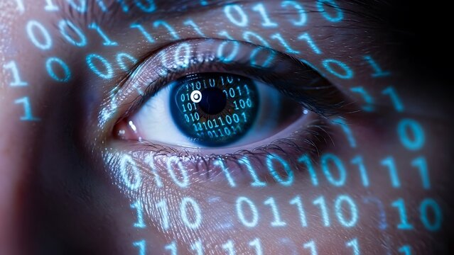 Human Eye Reflected with Binary Code Technology and Digital Information Concept Close Up Macro View with Data Stream and Artificial Intelligence Integration Visualisation
