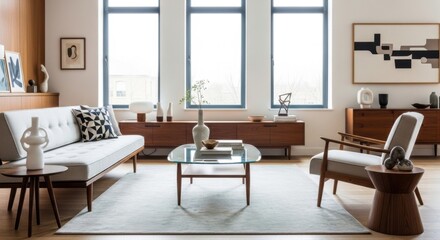 Fototapeta premium Modern Bright Living Room with Large Windows and Minimalist Decor