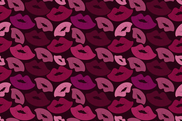 Dense, striking seamless pattern featuring layers of kiss prints and lips in a rich palette of deep pinks, reds, and purples on a dark background, perfect for bold fashion and beauty prints.